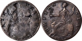 Contemporary Counterfeit English Halfpenny
1771 Contemporary Counterfeit English Halfpenny. George III Type--Reverse Brockage--Extremely Fine.
82.8 ...