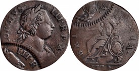 Contemporary Counterfeit English Halfpenny
1774 Contemporary Counterfeit English Halfpenny. George III Type--Double Struck--Extremely Fine.
105 grai...