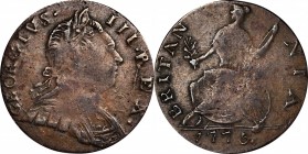 Contemporary Counterfeit English Halfpenny
1775 Contemporary Counterfeit English Halfpenny. George III Type. Fine.
79.8 grains.
Estimate: $250