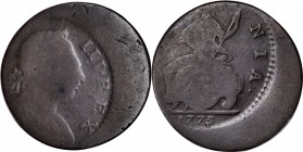 Contemporary Counterfeit English Halfpenny
1775 Contemporary Counterfeit English Halfpenny. George III Type--Struck Off Center--Good.
144.8 grains. ...