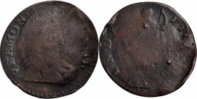Vermont Copper
1788 Vermont Copper. RR-22, Bressett 10-Q, W-2165. Rarity-4. Bust Right. Fine, Damaged.
120.0 grains.
PCGS# 563.
Estimate: $75