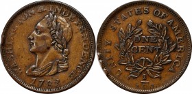 Unity States Cent
"1783" (ca. 1820) Unity States Cent. Musante GW-104, Baker-1, W-10130. About Uncirculated, Edge Damage.
113.5 grains.
PCGS# 689....