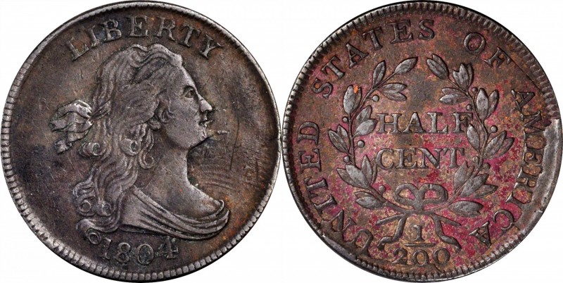 Draped Bust Half Cent
1804 Draped Bust Half Cent. C-6. Rarity-2. Spiked Chin. E...
