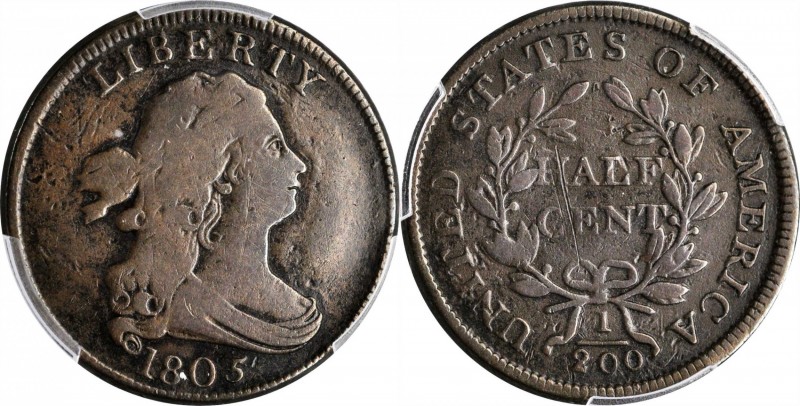 Draped Bust Half Cent
1805 Draped Bust Half Cent. C-3. Rarity-4. Small 5, Stems...