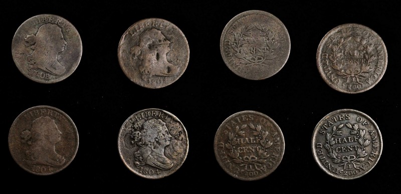 Draped Bust Half Cent
Lot of (4) Draped Bust Half Cents.
Included are: 1804 Cr...