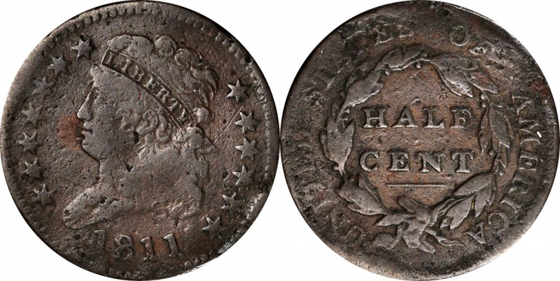 Classic Head Half Cent
1811 Classic Head Half Cent. C-2. Rarity-3-. Close Date....