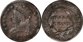 Classic Head Half Cent
1811 Classic Head Half Cent. C-2. Rarity-3-. Close Date. Very Good, Damaged.
PCGS# 1135. NGC ID: 222S.
Cardboard 2x2 with at...