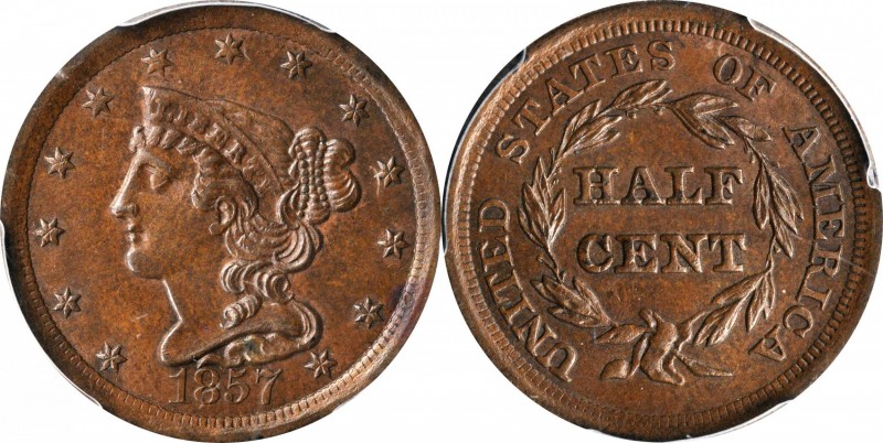 Braided Hair Half Cent
1857 Braided Hair Half Cent. C-1, the only known dies. R...