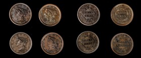 Braided Hair Half Cent
Lot of (4) Braided Hair Half Cents.
Included are: 1849 Large Date, Extremely Fine, recolored; 1851 Very Fine, polished, recol...