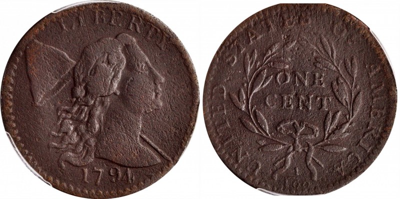 Liberty Cap Cent
1794 Liberty Cap Cent. S-63. Rarity-2. Head of 1794. VF Detail...
