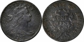 Draped Bust Cent
1797 Draped Bust Cent. S-134. Rarity-4. Reverse of 1797, Stems to Wreath. Extremely Fine, Dark, Porous.
PCGS# 1422. NGC ID: 2242.
...