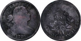 Draped Bust Cent
1797 Draped Bust Cent. S-138. Rarity-1. Reverse of 1797, Stems to Wreath. Good, Environmental Damage.
PCGS# 1422. NGC ID: 2242.
Ca...