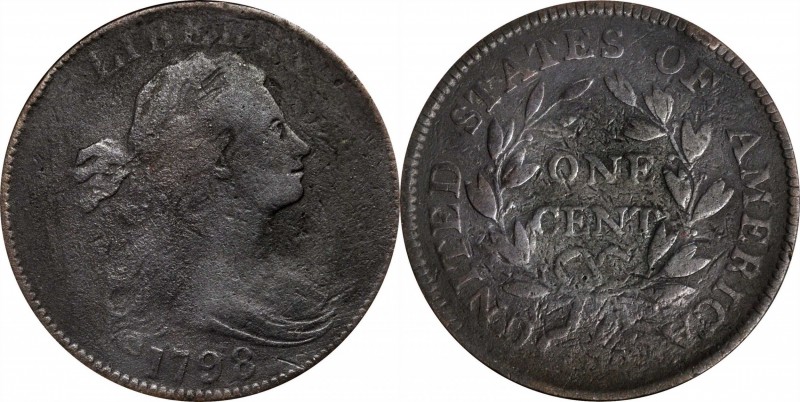 Draped Bust Cent
1798 Draped Bust Cent. S-159. Rarity-3. Style I Hair. Fine, Po...