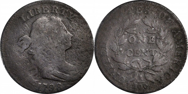 Draped Bust Cent
1798 Draped Bust Cent. S-162. Rarity-4. Style I Hair. Good, Po...