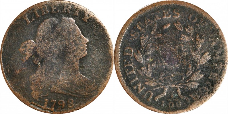 Draped Bust Cent
1798 Draped Bust Cent. S-163. Rarity-4. Style I Hair. Good, Sc...