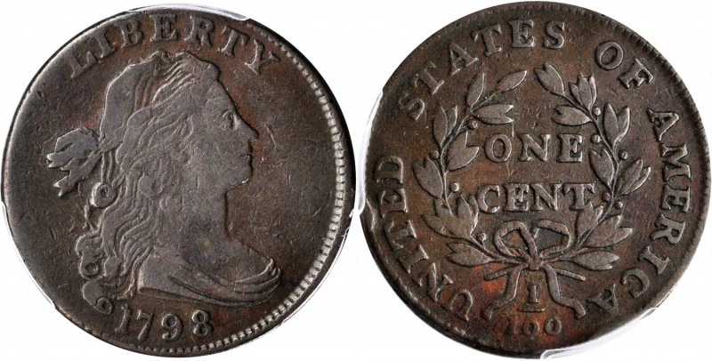 Draped Bust Cent
1798 Draped Bust Cent. S-174. Rarity-2-. Style II Hair. Fine D...