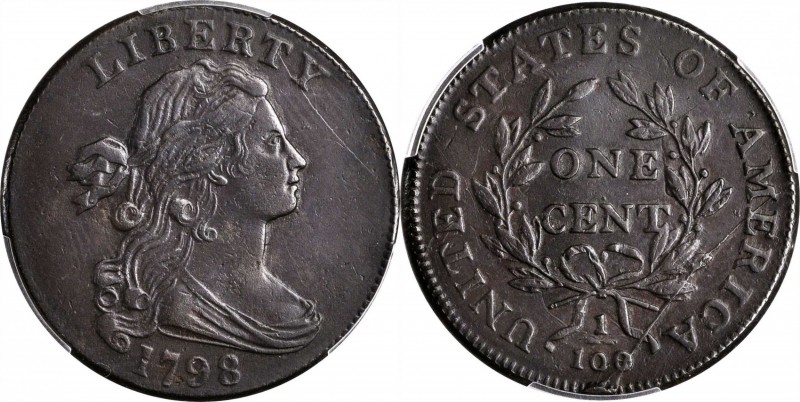 Draped Bust Cent
1798 Draped Bust Cent. S-186. Rarity-2. Style II Hair. EF Deta...
