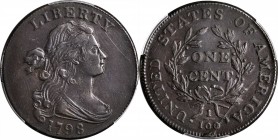 Draped Bust Cent
1798 Draped Bust Cent. S-186. Rarity-2. Style II Hair. EF Details--Altered Surfaces (PCGS).
PCGS# 1434.
Estimate: $750