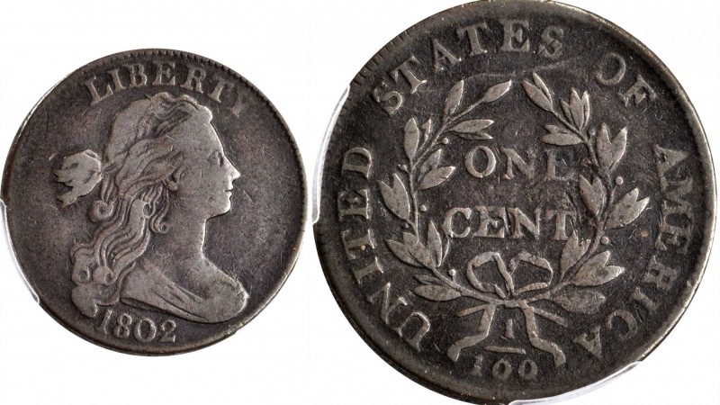 Draped Bust Cent
1802 Draped Bust Cent. S-230. Rarity-1. Fine-12 (PCGS).
PCGS#...