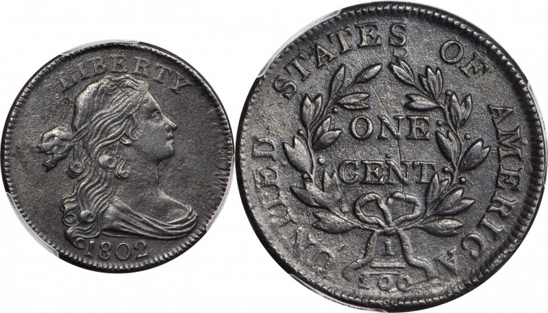 Draped Bust Cent
1802 Draped Bust Cent. S-241. Rarity-1. Stemless Wreath. EF De...