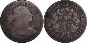 Draped Bust Cent
1803 Draped Bust Cent. S-246. Rarity-3. Small Date, Small Fraction. Good.
Noyes Die State C/C.
PCGS# 1482. NGC ID: 224G.
J.R. Gre...