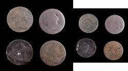 Draped Bust Cent
Lot of (4) Draped Bust Cents.
Included are: 1805 Good, heavy porosity; 1807/6 Large 7, Pointed 1, Very Good, damaged; 1807/6 Large ...