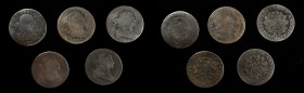 Draped Bust Cent
Lot of (5) 1800-Dated Draped Bust Cents.
Included are: 1800/79 Style II Hair, Very Good, granular; 1800/79 Style II Hair, About Goo...