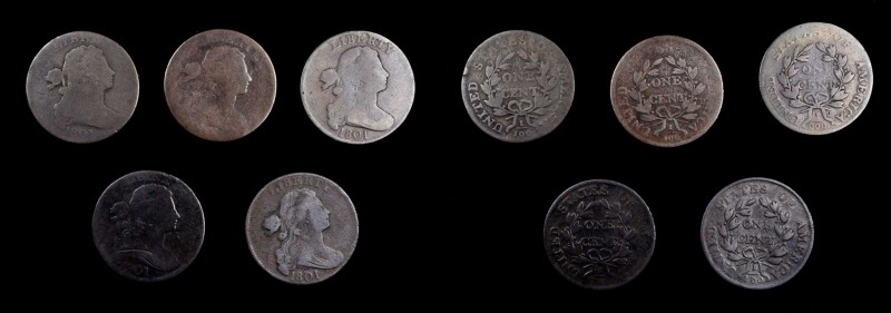 Draped Bust Cent
Lot of (5) 1801 Draped Bust Cents.
Included are: Fine, porous...