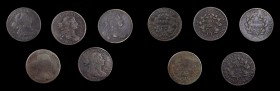Draped Bust Cent
Lot of (5) 1803 Draped Bust Cents.
Included are: Small Date, Small Fraction: Very Good; Very Good, rough; Good, corroded; About Goo...