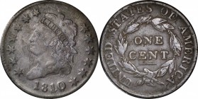 Classic Head Cent
1810/09 Classic Head Cent. S-281. Rarity-1. Fine, Environmental Damage, Obverse Scratch.
PCGS# 1552.
Estimate: $200