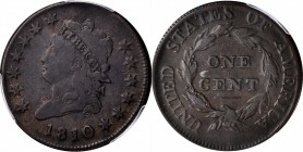 Classic Head Cent
1810 Classic Head Cent. S-282. Rarity-2. Fine-15 (PCGS).
PCGS# 1549. NGC ID: 224S.
Estimate: $350