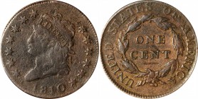 Classic Head Cent
1810 Classic Head Cent. S-285. Rarity-2. Very Fine, Environmental Damage.
PCGS# 1549.
Estimate: $200