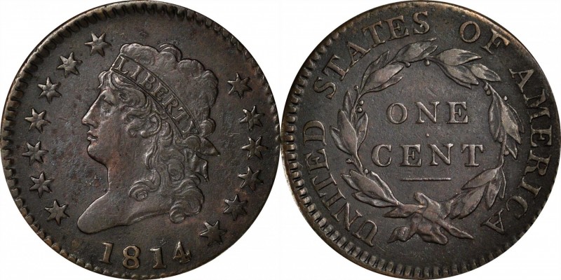 Classic Head Cent
1814 Classic Head Cent. S-294. Rarity-1. Crosslet 4. Very Fin...