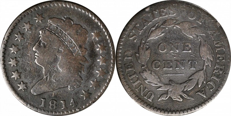 Classic Head Cent
1814 Classic Head Cent. S-294. Rarity-1. Crosslet 4. Very Goo...