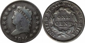 Classic Head Cent
1814 Classic Head Cent. S-295. Rarity-1. Plain 4. Fine, Cleaned.
PCGS# 1576.
Estimate: $150