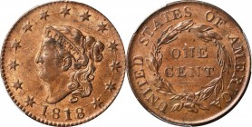 Matron Head Cent
1818 Matron Head Cent. N-10. Rarity-1. MS-62 RB (PCGS).
PCGS# 1601. NGC ID: 2253.
Estimate: $500