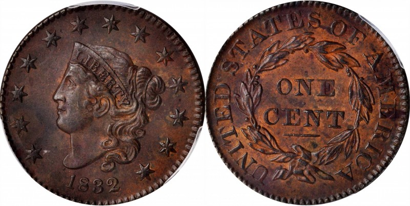 Matron Head Cent
1832 Matron Head Cent. N-3. Rarity-1. Large Letters. AU Detail...