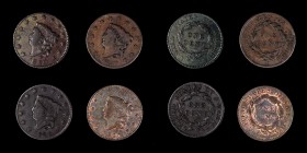Matron Head Cent
Lot of (4) 1820-Dated Matron Head Cents.
Included are: 1820/19 Fine, cleaned, recolored; 1820 Large Date, Very Fine, cleaned, recol...