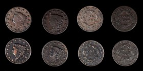 Matron Head Cent
Lot of (4) Matron Head Cents.
Included are: 1821 Very Good, surface marks, obverse spot; 1822 Good; 1824 Very Fine, recolored; 1825...