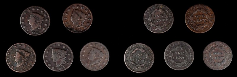 Matron Head Cent
Lot of (5) Matron Head Cents.
Included are: 1822 Fine, rough;...