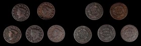 Matron Head Cent
Lot of (5) Matron Head Cents.
Included are: 1822 Fine, rough; 1822 Good, obverse corrosion spot; 1823/2 Very Good, surface marks; 1...