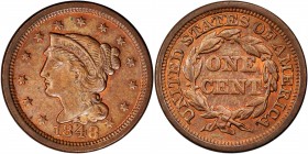 Braided Hair Cent
1848 Braided Hair Cent. N-27. Rarity-2. Mint State, Graffiti.
Our qualifier concerns a personal inscription in the central reverse...