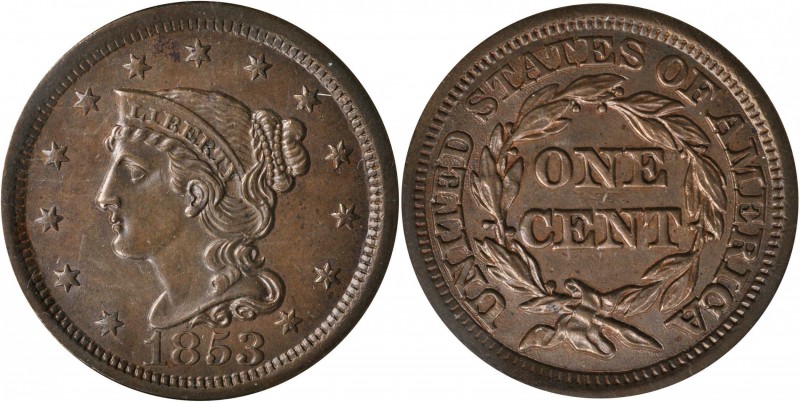 Braided Hair Cent
1853 Braided Hair Cent. N-6. Rarity-1. MS-62 BN (ANACS). OH....