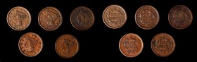 Braided Hair Cent
Lot of (5) Braided Hair Cents.
Included are: 1855 Upright 5s, About Uncirculated, reverse corrosion, edge nick; 1855 Slanting 5s, ...
