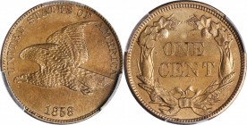Flying Eagle Cent
1858 Flying Eagle Cent. Large Letters, Low Leaves (Style of 1858), Type II. MS-63 (PCGS).
PCGS# 2019. NGC ID: 2277.
Estimate: $60...