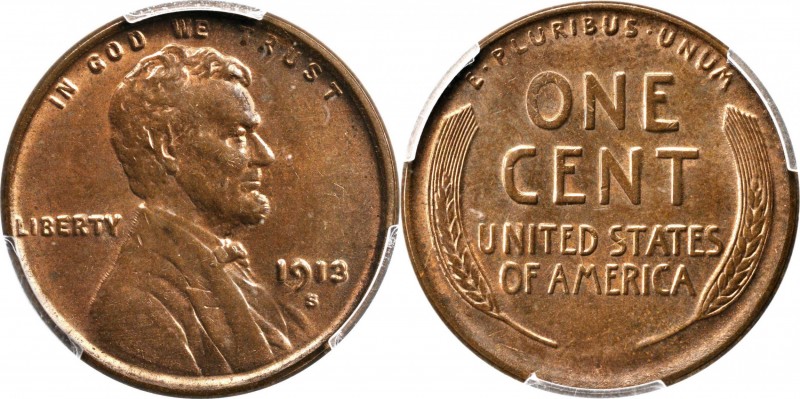 Lincoln Cent
1913-S Lincoln Cent. MS-63 BN (PCGS).
PCGS# 2465. NGC ID: 22BF.
...