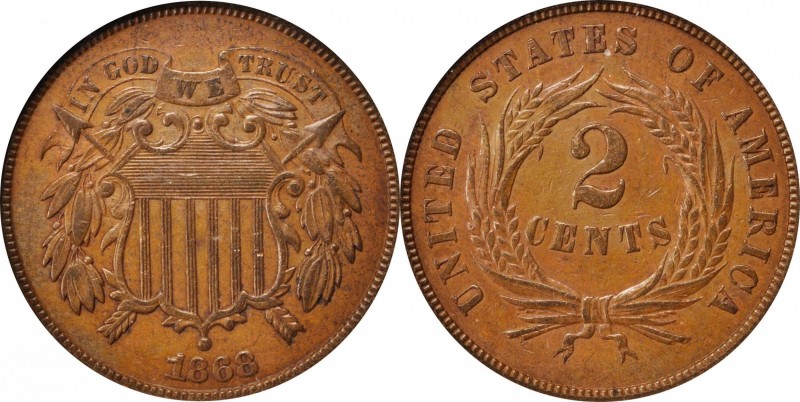 Two-Cent Piece
1868 Two-Cent Piece. KF-6. Repunched Date. AU-50 (ANACS). OH.
P...