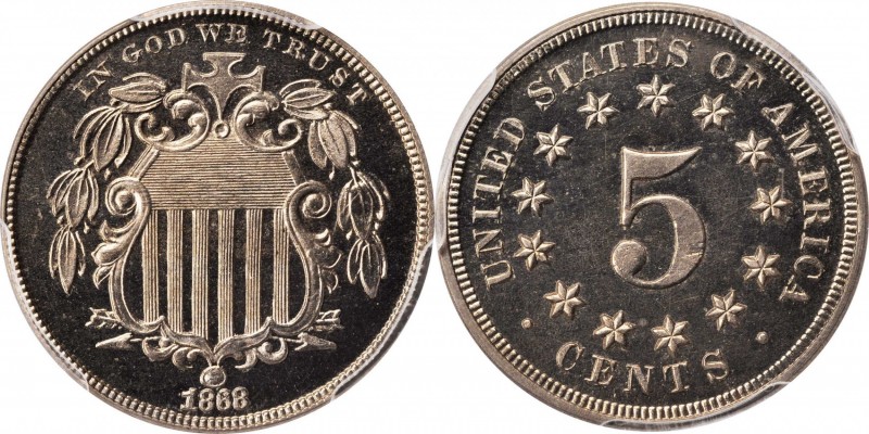 Shield Nickel
1868 Shield Nickel. Proof-65 Cameo (PCGS).
PCGS# 83822. NGC ID: ...