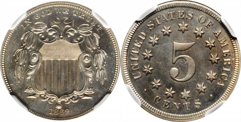 Shield Nickel
1869 Shield Nickel. Proof-65 (NGC).
PCGS# 3823. NGC ID: 276K.
E...