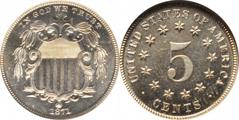 Shield Nickel
1871 Shield Nickel. Proof-65 Cameo (NGC).
PCGS# 83825. NGC ID: 2...